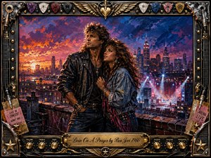 A determined young couple stands closely together on a city rooftop at sunset, surrounded by glowing skyscrapers and distant concert lights. Fiery orange, magenta, violet, and deep blue tones create a hopeful, romantic mood. Expressive acrylic textures, dramatic lighting, and an ornate chrome-and-gold rock-themed frame complete the nostalgic 1980s atmosphere.