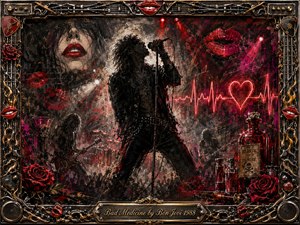 A dramatic charcoal-inspired rock scene centers on a silhouetted singer gripping a microphone amid smoky stage lights, guitars, roses, crimson lips, and glowing medicine bottles. Deep blacks, scarlet reds, magenta highlights, and metallic gold create a seductive, dangerous mood, framed by ornate chains, strings, speakers, flames, and rock memorabilia.
