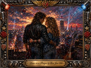 A passionate couple embraces on a rooftop above a glowing city skyline beneath a fiery sunset, capturing resilience, romance, and rock-and-roll defiance. Rich oil-painted textures blend deep blues, warm oranges, and metallic highlights. An ornate chrome-and-gold frame features microphones, chains, roses, spotlights, guitar hardware, and a centered engraved title plate.