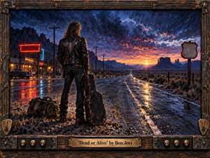 A lone leather-clad musician stands beside a battered guitar case on a rain-slick desert highway, facing a fiery dawn beneath turbulent blue-purple clouds. Neon motel lights glow behind him, reflecting across wet pavement. Rich painterly textures, rugged Western scenery, dramatic perspective, and a weathered guitar-inspired frame create a cinematic mood of solitude, endurance, and restless freedom.