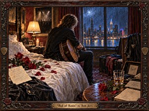A solitary musician sits on an unmade hotel bed, cradling an acoustic guitar while rain streaks a window overlooking a glowing city skyline. Deep reds, warm amber lamplight, and cool blue night tones create a romantic, melancholic mood. Roses, scattered petals, luggage, candles, and an ornate carved frame enrich the detailed painterly scene.