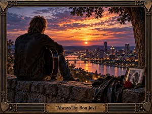 A solitary musician sits on a stone overlook above a glowing river city at sunset, cradling a guitar in quiet heartbreak. Warm orange and violet skies bathe the scene in dramatic light, while a rose, leather jacket, and framed photo deepen the longing. The richly textured, handcrafted frame gives it a romantic, album-like finish.
