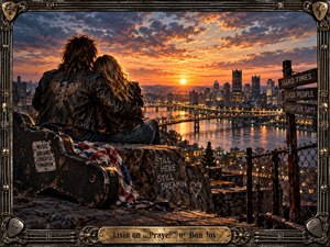 A young couple in worn leather jackets embraces above a glowing riverside city at sunset, surrounded by rugged industrial details and a battered guitar case. Warm orange light contrasts with deep blue clouds, creating a hopeful, resilient mood. The richly textured, cinematic painting is enclosed by an ornate guitar-inspired metal frame.