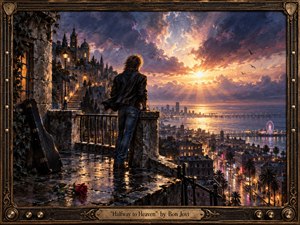 A lone rocker stands on a rain-darkened terrace overlooking a glowing coastal city at sunset, caught between shadow and radiant possibility. Deep blues, violets, golds, and crimson reflections create a yearning, cinematic mood. Painterly textures, distant lights, soaring birds, a guitar case, and a fallen rose enrich the scene.