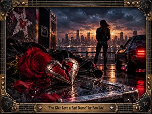 A rain-soaked 1980s city glows beneath stormy skies as a solitary woman faces the skyline beside a dark muscle car. In the foreground, a red rose, cracked metallic heart, leather jacket, and guitar pick suggest wounded romance. Rich reds, bronze, black, and amber lighting create a dramatic, handcrafted rock-poster atmosphere.