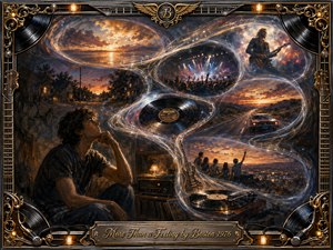 A contemplative young man sits beside a glowing stereo as sweeping, feathered memory scenes curve upward in an S-shaped flow of concerts, sunsets, roads, friends, guitars, and vinyl records. Warm amber, gold, deep blue, and charcoal tones create nostalgic drama, framed by ornate chrome, gold filigree, musical hardware, and luminous accents.