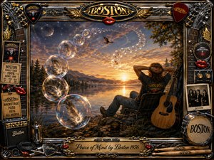 A relaxed long-haired figure reclines beside a glowing mountain lake at sunset, accompanied by an acoustic guitar beneath a sweeping S-curve of feather-filled bubbles. Warm gold, amber, charcoal, and chrome tones create a peaceful dreamlike mood, framed by richly detailed rock memorabilia, instruments, metallic ornamentation, and a polished engraved title plate.