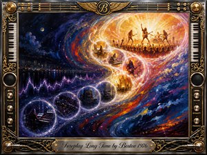 An ornate chrome-and-gold frame surrounds a sweeping acrylic rock fantasy, where glowing musical bubbles rise in an S-curve from a dark, blue city night into a radiant concert climax. Keyboards, guitars, amplifiers, speakers, and crowds emerge through swirling cobalt, violet, orange, and gold light, creating a nostalgic, triumphant sense of musical ascent.