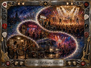 A richly textured rock-and-roll timeline sweeps in a glowing S-curve from a cramped rehearsal room through smoky clubs and life on the road to a triumphant arena concert. Deep blues, fiery reds, golds, and chrome highlights blaze under dramatic stage lighting, framed by ornate guitars, picks, cables, knobs, and engraved metalwork.