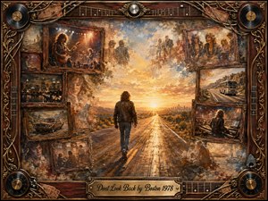 A lone figure walks toward a glowing horizon along an open road, surrounded by fading framed memories of concerts, friends, travel, and city nights. Warm gold, sepia, dusty blue, and amber tones create a reflective, hopeful mood, while painterly textures and ornate musical details evoke nostalgic 1970s rock imagery.
