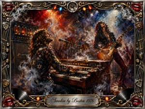 A smoky 1970s rock performance surges with energy as a keyboardist and guitarist jam beneath fiery red, amber, blue, and white stage lights. Thick oil-painted textures, glowing amplifiers, swirling smoke, and raised crowd silhouettes create a loud, electric mood, framed by ornate chrome, gold, vinyl, guitar-pick, and red-lip details.