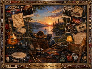A relaxed man sits beside a glowing mountain lake at sunset, surrounded by vintage Boston memorabilia, guitars, records, amplifiers, photographs, tickets, and studio gear. Warm amber, gold, rust, and deep blue tones create a nostalgic, peaceful mood. Rich painterly textures and ornate framing blend rock history with quiet reflection and timeless serenity.