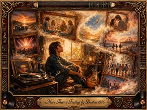 A reflective young man sits among cherished memories, surrounded by framed scenes of friendship, romance, concerts, sunsets, and youthful adventures. Warm amber and golden light washes across a nostalgic rosewood collage, blending oil, acrylic, and watercolor textures. A turntable, guitar, records, ornate musical trim, and engraved title plate deepen the wistful rock-era atmosphere.