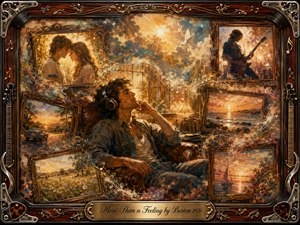 A reflective man wearing headphones sits amid glowing fragments of cherished memories, surrounded by romantic portraits, sunsets, open roads, ocean scenes, and a guitarist in concert. Warm gold, amber, rose, and muted blue tones blend through painterly oil, acrylic, and watercolor textures, framed by ornate rosewood, chrome, and musical details.