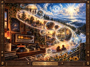 A vintage turntable releases a luminous S-curve of memories through a richly painted landscape, blending intimate interiors, distant roads, quiet figures, and glowing skies. Warm amber and bronze tones rise into radiant blues and golds, while translucent bubbles, musical lines, wildflowers, and a carved wood-and-brass frame deepen the nostalgic, soaring mood.