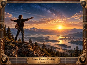 A lone guitarist stands on a rugged mountain overlook, arms spread toward a radiant sunrise above misty forests, winding water, and a distant city. Warm gold and amber light contrast with a star-filled blue sky, creating a nostalgic, uplifting mood. An ornate guitar-inspired wood-and-metal frame reinforces the classic rock atmosphere.