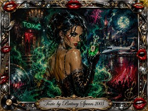 A glamorous femme fatale holds a glowing green poison vial amid swirling emerald fumes, neon nightlife, a moonlit city, private jet, disco ball, and crimson crowd lights. Rich acrylic textures, deep blacks, teal, red, chrome, and gold create seductive danger, framed by ornate musical motifs, glossy lips, records, cables, and filigree.