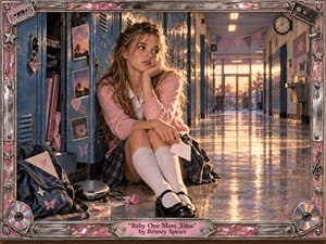 A wistful young woman sits beside blue school lockers in a polished hallway glowing with warm sunset light. Pink knitwear, plaid fabric, handwritten notes, headphones, and a backpack evoke late-1990s pop nostalgia. The reflective floor, soft shadows, metallic cassette-and-CD frame, and pensive pose create a tender mood of longing and youthful uncertainty.