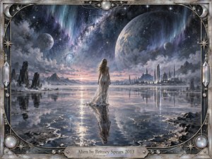 A solitary woman in a flowing white dress stands on a reflective alien shoreline beneath immense planets, stars, and luminous auroras. A distant futuristic city glows through misty mountains, creating a mood of isolation and wonder. Cool silvers, blues, and violet light shimmer across the dreamlike, intricately framed cosmic landscape.