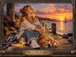 A young woman sits peacefully on a weathered lakeside dock beside a golden retriever, surrounded by warm lantern light, a guitar, flowers, and a patterned blanket. A glowing sunset reflects across calm water toward distant mountains and village lights. Rich golden tones, realistic detail, and an ornate musical frame create a tender, nostalgic mood.