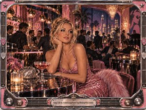 A glamorous blonde woman in a shimmering pink dress lounges at a reflective table inside a luxurious nightclub filled with stylish men. Rose-gold lighting, mirrored surfaces, palm silhouettes, and a glowing city skyline create a flirtatious, confident mood. An ornate metallic frame with instrument-inspired details completes the polished retro-pop aesthetic.