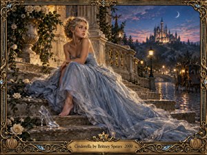 A reflective young woman in a shimmering blue gown sits barefoot on moonlit palace steps beside a crystal slipper, gazing toward a glowing distant castle. Warm lanterns, white roses, a carriage, and wet cobblestones enrich the romantic twilight scene. Detailed painterly realism, cool blues, golden light, and ornate gilded framing create wistful elegance.