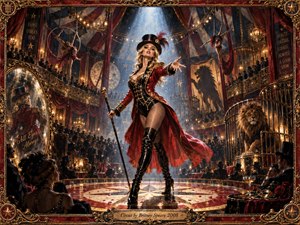 A commanding ringmaster stands beneath a brilliant spotlight in a lavish vintage circus, surrounded by acrobats, balconies, spectators, and a caged lion. Deep crimson, black, and burnished gold dominate the scene, while theatrical lighting creates dramatic contrast. Ornate framing, reflective surfaces, rich fabrics, and painterly realism heighten its glamorous, intense spectacle.