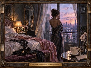 A woman stands at an open balcony window after a long night, wrapped in a dark satin robe as dawn washes the city in pink, lavender, and gold. The intimate bedroom glows with warm lamplight, rumpled bedding, heels, flowers, and coffee, rendered in richly textured, romantic oil-painting detail.
