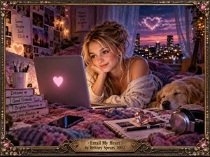 A young woman rests beside a glowing laptop in a cozy bedroom overlooking a purple dusk cityscape. Warm fairy lights, photographs, books, headphones, a guitar, and a sleeping dog create a nostalgic, intimate mood. Rich pink, gold, and violet tones, soft lighting, and ornate framing give the scene a romantic digital-painting finish.