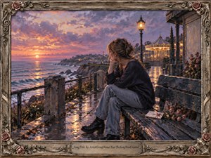 A solitary young woman sits on a weathered seaside bench at sunset, gazing across restless water with quiet heartbreak. Lavender, rose, and amber clouds glow above wet stone paths and distant lights. Warm lamplight contrasts with the cool coast, while scattered flowers and an unopened letter deepen the wistful, painterly atmosphere.