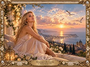 A serene blonde woman in a flowing ivory dress overlooks a luminous coastal city at sunset, surrounded by white flowers, vines, lanterns, and soaring seabirds. Warm peach, gold, and blue tones create a romantic, dreamlike mood, while the ornate pearl-and-gold frame and engraved title plate enhance the handcrafted elegance.
