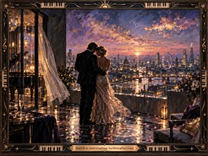 A couple embraces on a rain-slicked rooftop terrace above London at sunset, surrounded by candlelight, flowers, and glowing city reflections. Lavender, gold, and midnight blue create a romantic, nostalgic mood. Richly textured painterly brushwork, sparkling fabric, windblown curtains, and an ornate piano-themed frame heighten the intimate, cinematic atmosphere.