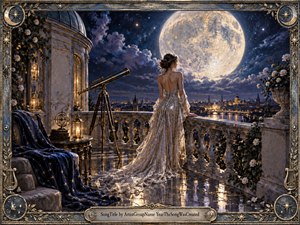 A solitary woman in a shimmering silver gown stands on a moonlit observatory terrace, gazing toward an enormous luminous moon above a glowing city. Deep blues, golds, and pearl tones create a romantic, wistful mood. Ornate celestial framing, a brass telescope, reflected light, flowers, and intricate architectural details enhance the dreamlike realism.