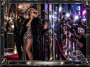 A glamorous woman in a shimmering metallic gown and black fur coat stands guarded beside a sharply dressed companion, confronting a frenzy of paparazzi beyond glass doors. Neon magenta and blue reflections streak across rain-slick streets, while flashbulbs explode against polished marble, creating a tense, luxurious, defiant contemporary celebrity atmosphere.