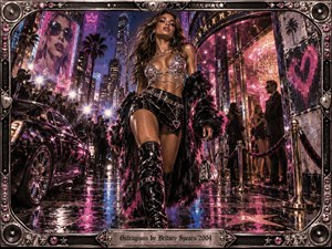 A glamorous woman strides through a neon-soaked city nightlife scene, surrounded by paparazzi, luxury cars, velvet ropes, and glittering storefronts. Hot pink, violet, black, and chrome dominate the palette, while wet pavement reflects dazzling lights. The dramatic, fashion-forward composition feels bold, provocative, polished, and intensely theatrical.