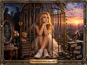 A contemplative young woman sits inside an ornate bronze birdcage overlooking a glowing city at sunset, surrounded by chains, locks, childhood objects, and symbols of expectation. Warm gold and amber light contrasts with shadowy observers, while ivy, a free bird, and travel trunks evoke freedom, tension, longing, and restrained independence.