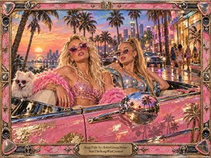 Two glamorous women ride in a pink convertible along a palm-lined boulevard at sunset, joined by a small white dog. Warm peach skies, neon storefronts, reflective pavement, and distant city towers create a playful, confident mood. Rich pinks, golds, chrome, and textured painterly details evoke glossy retro-pop extravagance.