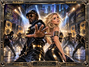 A futuristic urban performance erupts beneath a glowing city skyline, with two commanding figures posed back-to-back amid dancers, towering speakers, smoke, and reflective pavement. Black, gold, and electric blue dominate the energetic scene, illuminated by dramatic spotlights. A richly detailed metallic frame and engraved title plate complete the polished digital artwork.