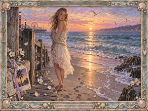 A wistful young woman stands barefoot on a weathered seaside pier at sunset, wrapped in a soft cream dress and cardigan. Lavender, peach, gold, and turquoise tones create a romantic, reflective mood. Shimmering waves, gulls, flowers, distant amusement lights, and an ornate shell-trimmed frame enhance the handcrafted painterly atmosphere.