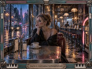 A contemplative woman sits alone in a gleaming retro diner, gazing through rain-streaked windows at a neon-lit city night. Warm amber lamps contrast with cool blue streets and pink reflections, creating a wistful, cinematic mood. Chrome surfaces, checkerboard flooring, jukebox details, coffee, and an ornate metallic frame enrich the polished digital realism.