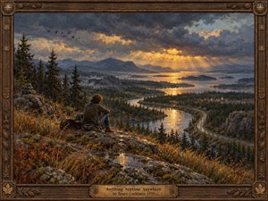 A lone traveler sits on a rain-darkened rocky overlook above a winding river valley, distant mountains, and glowing settlements. Storm clouds break around a warm sunset, casting amber light across cool blue-gray water and forests. Rich oil-paint textures, autumn grasses, birds, a guitar case, and carved wooden framing create a reflective, timeless mood.