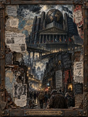 A dense political collage shows a towering global institution looming above crowded, rain-darkened streets, torn maps, protest scraps, surveillance, and rusted metal. Storm clouds, muted blues, charcoal, brown, and tarnished bronze create an oppressive mood, while warm streetlights and human figures suggest endurance within a fractured, cinematic mixed-media cityscape.