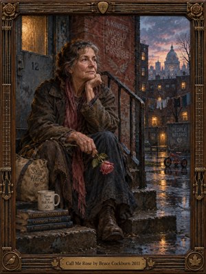 A weathered woman sits on rain-darkened city steps, holding a single rose as warm apartment lights glow behind her. Muted blues, brick reds, and amber reflections create a reflective, bittersweet mood. Rich oil-paint textures, distant architecture, symbolic objects, and an ornate guitar-inspired frame suggest humility, endurance, and redemption.