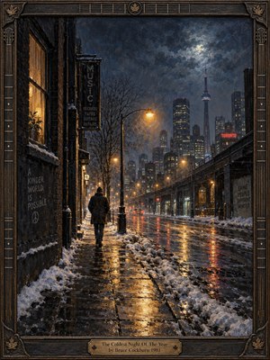 A solitary figure walks a snow-lined Toronto street beneath glowing amber lamps and a cold blue night sky. Wet pavement reflects city lights while the distant skyline rises through winter haze. Rich oil-paint textures, dark wood framing, guitar-inspired details, and an engraved brass title plate deepen the lonely, reflective mood.