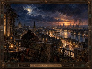 A couple sits close on a weathered rooftop terrace overlooking a glowing river city beneath storm-dark clouds and a pale moon. Warm amber lights, champagne glasses, a radio, and worn furniture contrast with distant smoke and fiery horizons. Rich oil-paint textures, deep blues, bronze tones, and an ornate guitar-themed frame create tender apocalyptic intimacy.