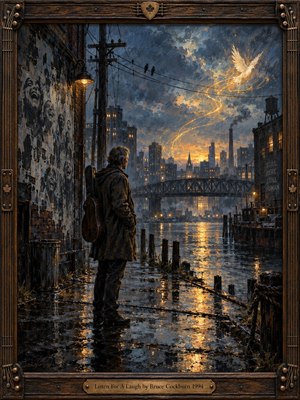 A solitary musician stands beside a rain-darkened industrial river, listening beneath stormy blue-gray skies as warm golden light rises over the distant city. Wet pavement mirrors amber reflections, while birds, wires, bridges, and weathered walls frame the scene. Rich oil-paint texture and a carved wooden musical frame create a reflective, hopeful mood.