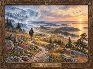 A solitary traveler follows a winding rocky path through a vast Canadian wilderness of wildflowers, pine forests, misty hills, and distant water. Cool blue-gray mountains give way to glowing gold sunset light, creating a reflective, hopeful mood. Painterly watercolor textures, drifting birds, carved wood framing, and subtle folk details enrich the scene.