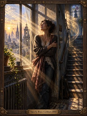 A contemplative woman stands in a weathered city stairwell as golden sunrise pours through tall windows, wrapping her in luminous ribbons of light. Cool gray walls, warm bronze tones, distant spires, drifting dust, plants, stairs, and a guitar case create a hopeful, spiritual atmosphere in richly detailed cinematic digital realism.