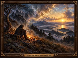 A solitary figure sits beside a glowing campfire above a misty mountain lake, surrounded by shadowed rocks, trees, and drifting spiritlike forms. Golden birds and luminous currents sweep toward a radiant horizon, blending deep blues, copper, and amber in a richly detailed oil-painted scene framed with carved wood and bronze.