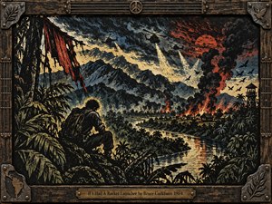 A brooding woodcut-style jungle valley burns beneath storm clouds, helicopters, searchlights, and rising black smoke. A lone seated figure watches from dense foliage beside a winding river. Deep indigo, charcoal, olive, ochre, and fiery red create stark tension, while distressed carved textures and a rugged wood-and-metal frame intensify the protest-era mood.